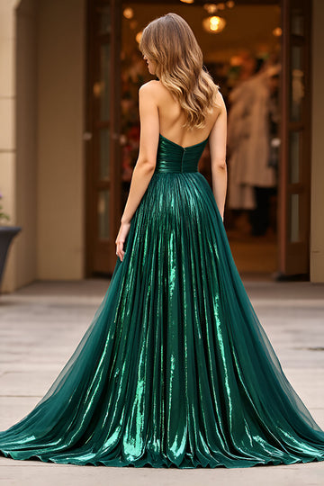Glitter Dark Green A Ligne Sans Bretelles Ruché Robe de Bal Avec Fente